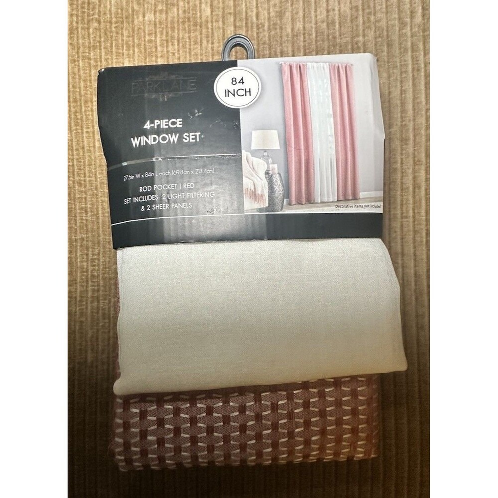 4 Piece Window Curtain Set 84 Inch Red White Sheer Light Filtering New